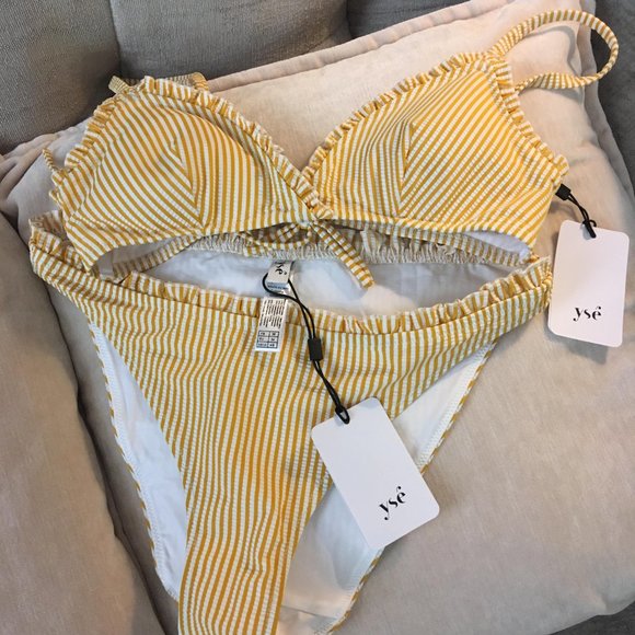 NWT Brand New YSE France Mustard Yellow Pinstripe Ruffle Bikini Set Luxury - Picture 6 of 7